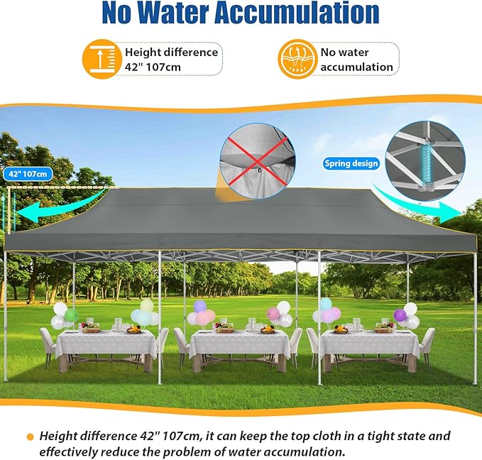 HOTEEL 10x30 Pop up Canopy Tent for Parties, Heavy Duty Easy Setup Tent Without Sidewalls, Outdoor Commercial Instant Gazebo for Wedding Event, with Portable Bag, Grey(Hexagonal Frame)