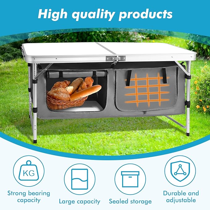 Camp Field Camping Folding Aluminum Table with Adjustable Legs for Outdoor Travel Beach, Backyards, BBQ, Party and Picnic Foldable Table