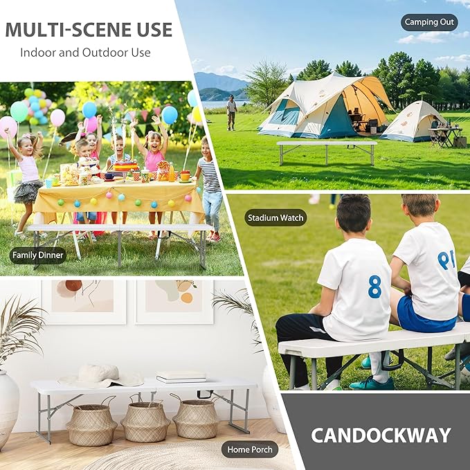 6ft Plastic Folding Bench with Carrying Handle & Lock, Portable Outdoor Bench in Garden Picnic Camping Dining Party Seat, Waterproof Bench for Soccer Activities, Firm and Durable(2 Pack C)