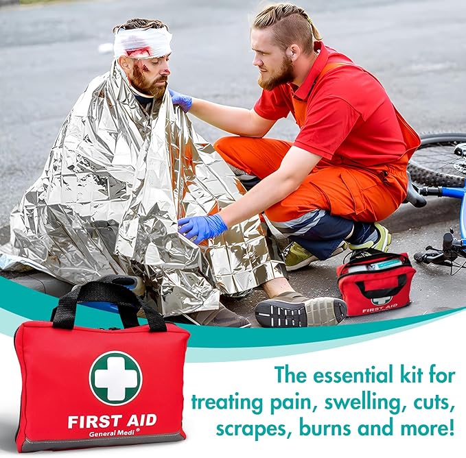 General Medi First Aid Kit -309 Pieces- Reflective Bag Design - Including Bandages, Moleskin Pad and Emergency Blanket for Travel, Home, Office, Car, Camping, Workplace