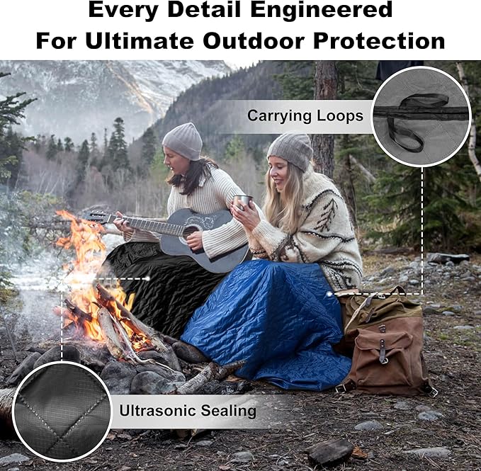 Waterproof Outdoor Blanket 82”X 55” Packable, Stadium Blankets for Camping with Fleece Lining, Large Windproof Emergency Throw Mat for Garss Picnic Hiking Road Trip, Machine Washable, Black 280GSM