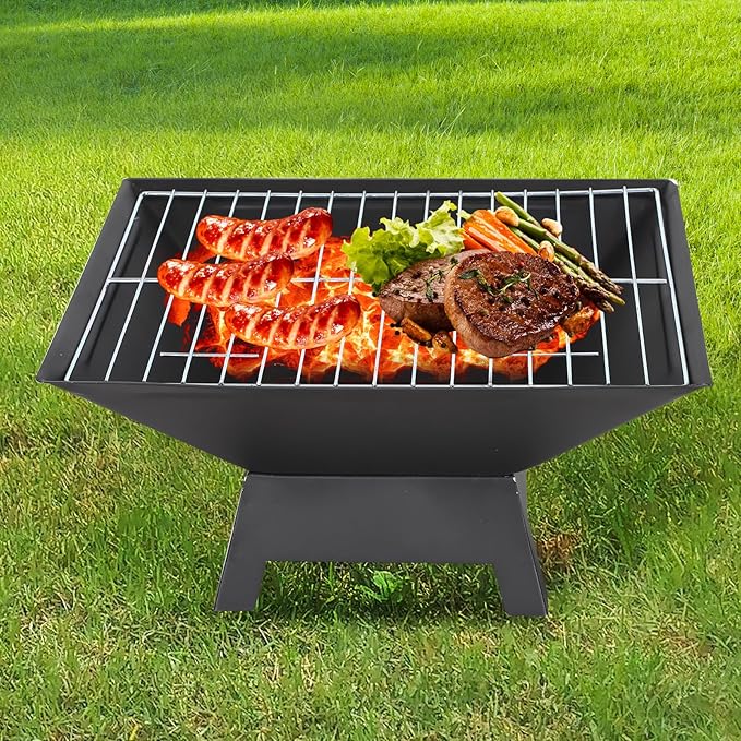 Small Fire Pit for Outside Wood Burning,Fire Bowls with Firproof Mat, Backyard Black Square Ourdoor Bonfire Pit with Waterproof Cover for Outside Patio Camping (Black, 22 INCH)