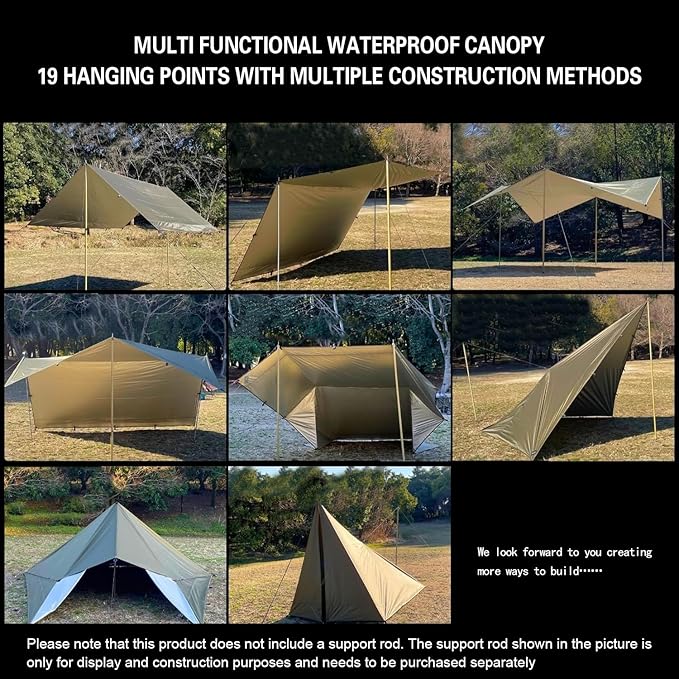 GOLDCAMP Waterproof Camping Tarp,70D Nylon 10X13.2ft Hammock Rain Fly ,UV 50+ and PU15000mm Tent Tarp Shelter Canopy,Heavy Duty Multifunctional Sun Shade Essentials for Hiking (120''X120'')