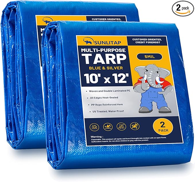 2 Pack 10' x 12' Waterproof Tarps, Finished Size Tarp Cover with Grommets Reinforced Edges, 5 MIL Multipurpose Light Duty Tarpaulin for Car, Camping, Boat, Roof, Protective Cover - Blue