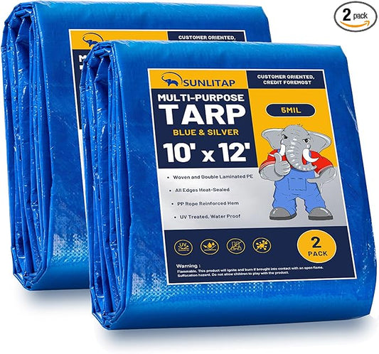2 Pack 10' x 12' Waterproof Tarps, Finished Size Tarp Cover with Grommets Reinforced Edges, 5 MIL Multipurpose Light Duty Tarpaulin for Car, Camping, Boat, Roof, Protective Cover - Blue