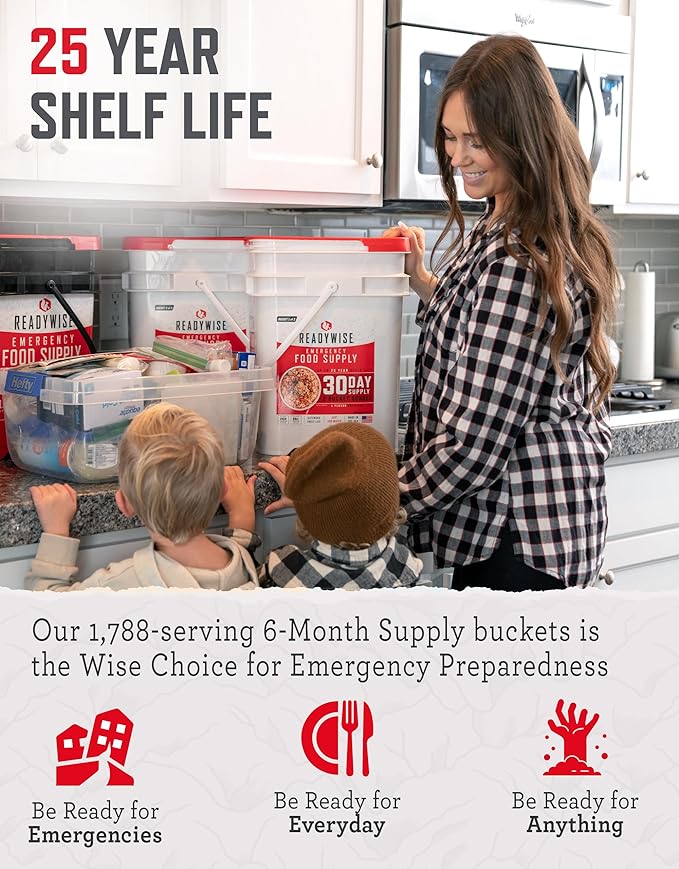 ReadyWise 6 Month Emergency Food Supply - 1,788 Servings, 12 Buckets Freeze Dried Protein Meals, Disaster Survival Food Storage, Ready to Eat, Camping Essentials, up to 25 Year Shelf Life