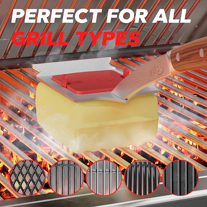 ENLOY Grill Brush Bristle Free, 17" Grill Brush for Outdoor Grill, Steam Cleaning Grill Brush with Extended Rosewood Handle and Replacement Brush Head, Safe Barbecue Brush with Scraper for Most Grills