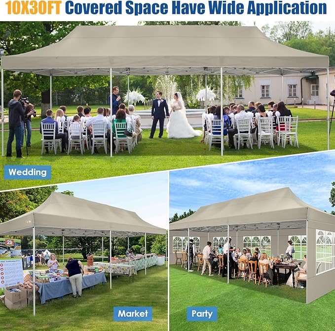 HOTEEL 10x30 Pop up Canopy Tent for Parties, Heavy Duty Easy Setup Tent with 8 Sidewalls, Outdoor Commercial Instant Gazebo for Wedding Event, with Portable Bag & Sand Bags, Khaki(Hexagonal Frame)