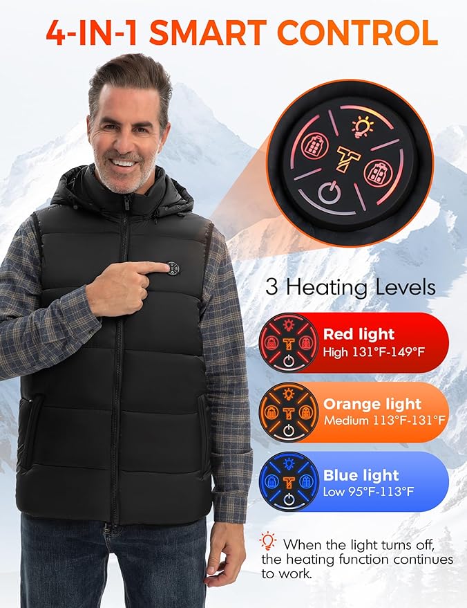 Men Heated Vest with Battery Pack Included, Hooded Electric Heating Vests 15-Zone Warming 7.4V for Hiking