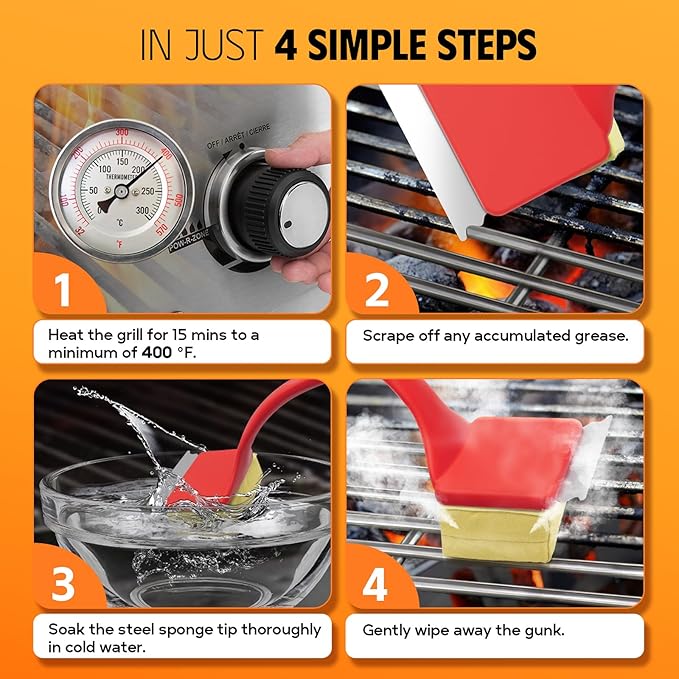 MEKER Grill Brush Bristle Free, Grill Cleaner Brush with 3 BBQ Replacement Head, Seamless Scraper Tool for Cast Iron, Stainless Steel Grates, Safe Grill Scraper Outdoor BBQ Grill, Red