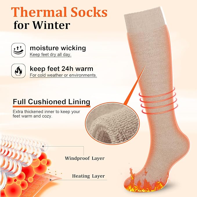 CTHH 3 Pairs Warm Knee High Socks for Women - Thick Cotton Thermal Boot Socks for Hiking, Running, Work, Gifts, Winter