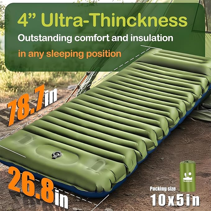 4 Inch Thick Inflatable Sleeping Pad for Camping, with Foot Pump and Pillow, Lightweight Camping Mattress for Outdoors, Backpacking, Hiking