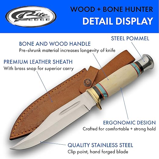 SZCO Full Tang Hunting Knife 11.5 Inch - Turquoise Pocket Knife with Stainless Steel Blade, Bone Handle & Leather Sheath - Camping Knife for hunting - Skinning knife for Men