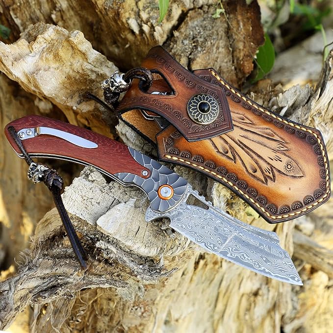 men's pocket knife Damascus Steel Handmade Folding Knife,3.5 in blade rosewood handle,with leather case ,Liner Lock Steel ball bearings,pocket clip ,EDC Camping Outdoor Survival Knife