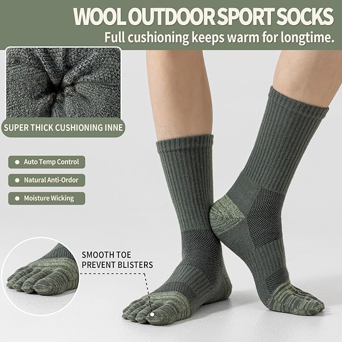 Merino Wool Toe Socks For Hiking Men&Women Thermal Winter Warm Boot Work Cushion Five Finger Socks 3 Pairs