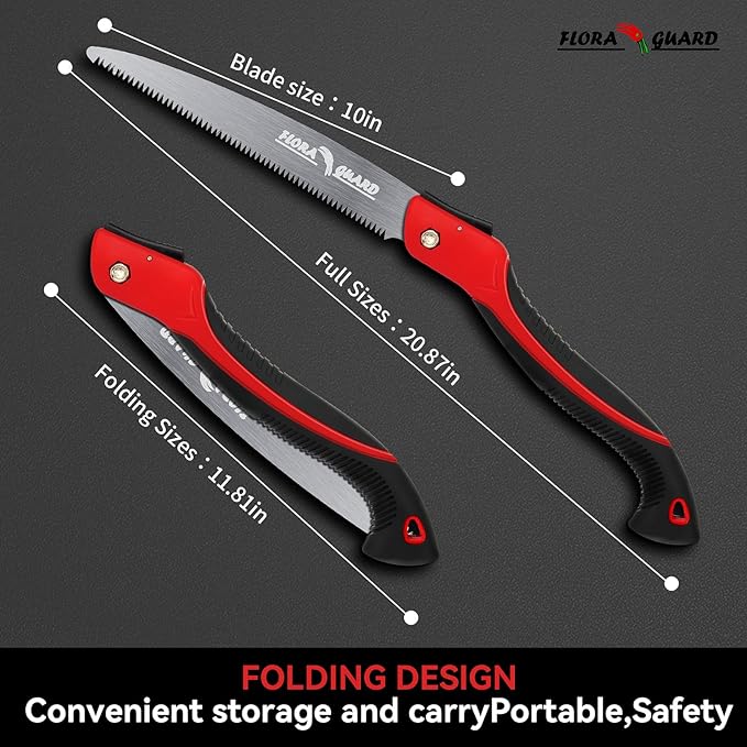 FLORA GUARD 10-Inch Folding Saw, Heavy Duty Hand Saw with Multi-Level Razer Teeth for Wood Cutting, Tree Trimming Camping Gardening Tools (Red-10")