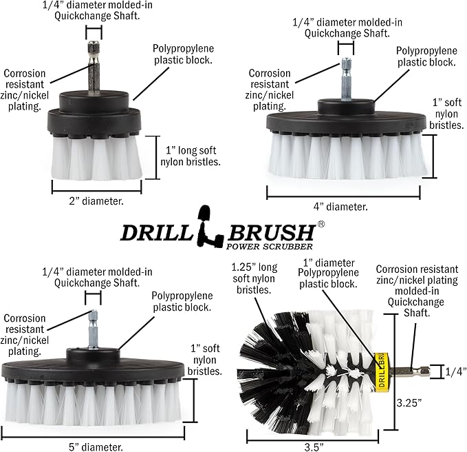 Interior Car Detailing Drill Brush Set - Soft Bristle Power Scrubber Attachments for Cleaning Car, Truck, Upholstery, Carpet, Leather, Seats, Wheels, Rims, Dash, Console, & Trim - Nylon Auto Scrubber