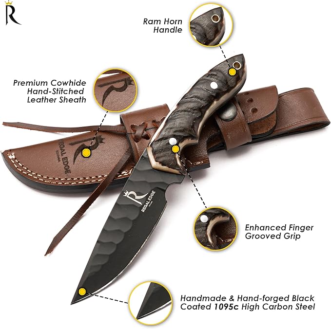 Fixed Blade Knife – 9" Black Coated Drop Point Hunting Knife With Leather Sheath - Full Tang 1095c High Carbon Steel - For Outdoor Use
