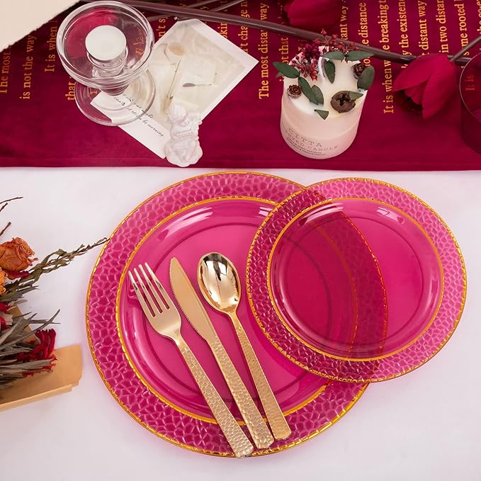 Ciaell 150PCS Clear Red Plastic Plates - Disposable Red and Gold Plates Set include 50Plates, 25Forks, 25Knives, 25Spoons, 25Cups for Wedding & Party & Christmas