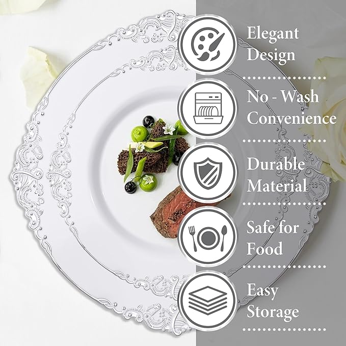 Nervure 100Pcs White and Silver Plastic Plates - 7.5 inch White Plastic Plates with Silver Rim - Disposable Dessert Plate for Wedding & Party