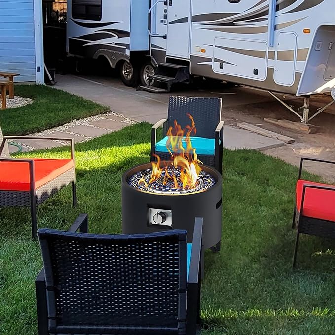 Portable Propane Fire Pit for Camping RV 50,000 BTU Round 15'' H x 16'' W Portable Gas Firepit W/Lid, Glass Rocks & Weather Resistant for Outdoors, Propane Extension Hose, Black