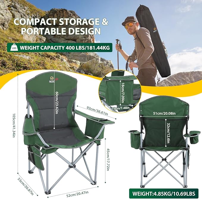 Nice C Heated Camping Chair with Battery, Heated Outdoor Sports Chair, Folding Chairs, with Cooler Bag, Cup Holder, Carry Bag, 10000 mAh Power Bank Included (Green&Grey, Set of 2)