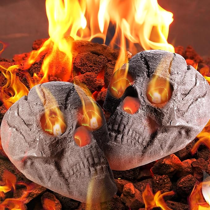 2 Pack Fire Pit Skulls 8.7 Inch Halloween Imitated Human Ceramic Firepit Head Fireproof Skulls Bonfire Accessories Fake Logs Halloween Decor for Gas Campfire Fireplace Wood Fires (Gray)