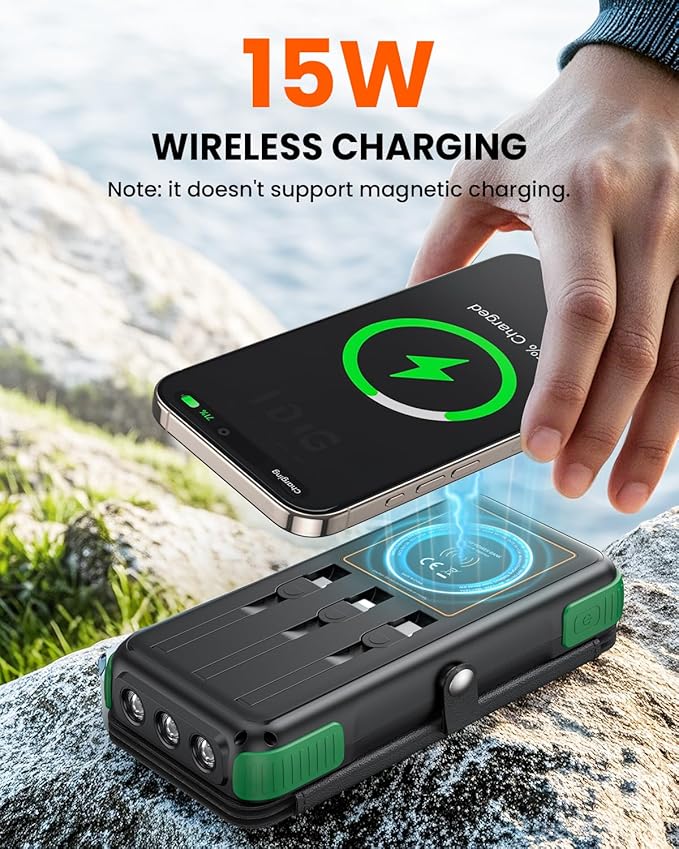 SOARAISE Solar Charger 25000mAh/92500mWh Wireless Portable Charger, 20W Fast Charging Power Bank with Built-in 3 Cables, PD QC 3.0 Phone Battery Pack with 4 Solar Panels & Flashlights for Camping