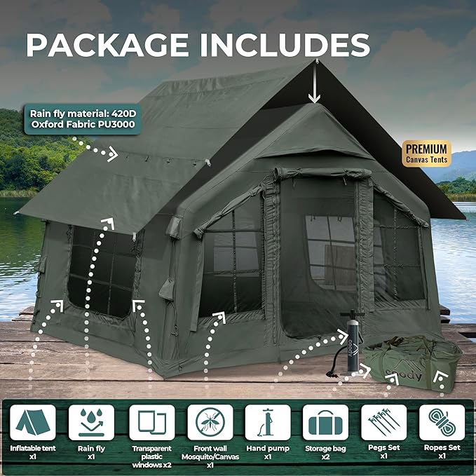 Coody | Rbm Outdoors Koala/Hub/Octopus Inflatable Tents for Camping with Stove Jack, 2/8/10 Person Luxury Canvas Blow Up Tent, 2 Room, Easy Setup Casa de Campaña, Large Inflatable House with Pump