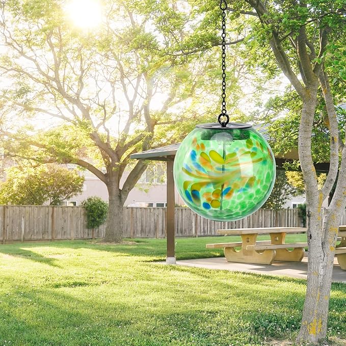Solar Hanging Lanterns Outdoor Solar Glaze Glass Lantern Globe Hanging Outdoor Lights for Garden Yard Home Decoration Green