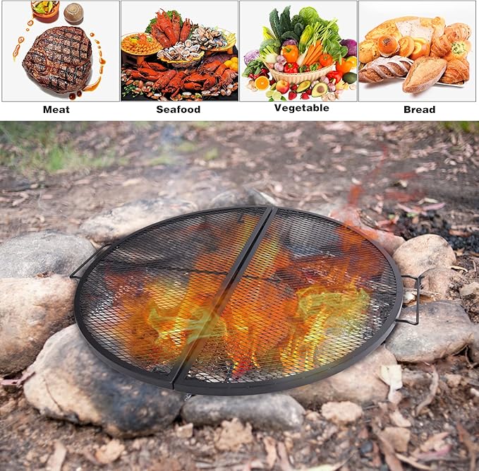 Lineslife X-Marks Fire Pit Cooking Grill Grates Portable, Heavy Duty Folding Round Campfire Grill Grate, Firepit Grill Grate with Handles for Outdoor BBQ Picnic, Black 30 Inch