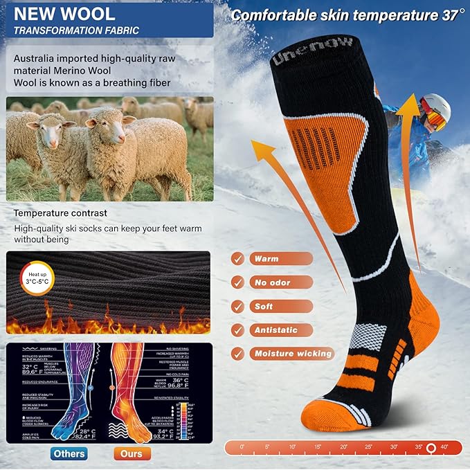 Merino Wool Ski Socks 2 Pairs, Thermal Knee High Warm Socks for Snowboarding, Hiking, Cold Weather, Snow, Hunting