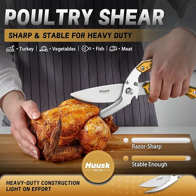 Huusk Kitchen Shears Heavy Duty-Detachable Meat Scissors for Chicken,Turkey, and Bone, Poultry Shears Ultra Sharp with Serrated Edge, All Purpose Cooking Scissors Golden