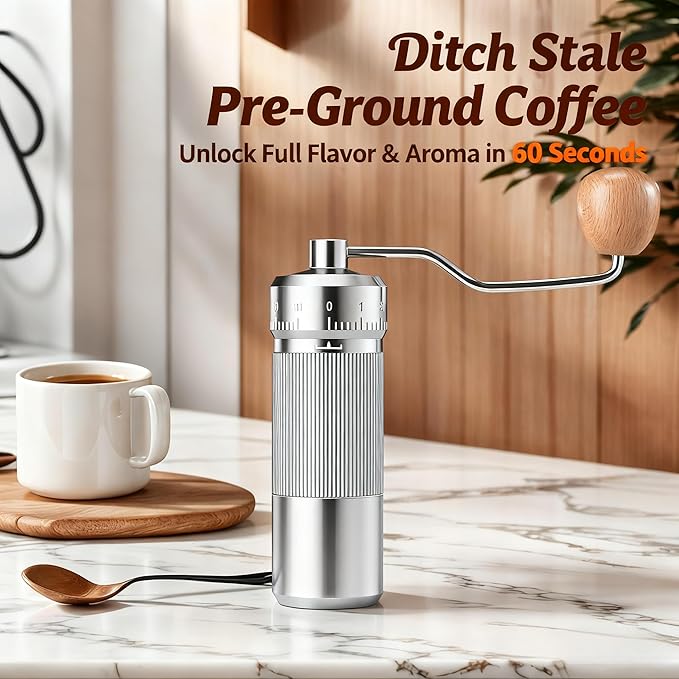 Manual Coffee Grinder by Suvykep — 6 Star Coffee Grinder Manual with 25g Capacity, CNC Stainless Steel Espresso Grinder with 55 Grind Settings — For Espresso, French Press, Pour Over (Silver)