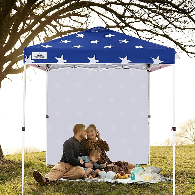 EAGLE PEAK Pop Up Canopy Tent with 1 Sidewall, Easy Setup Event Tent, Outdoor Sun Shade, Wheeled Carry Bag, Stakes and Guy Ropes, Instant Canopy 6.6x6.6, American Flag
