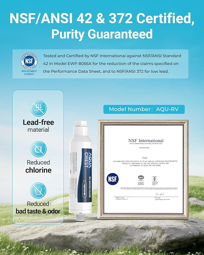 AQUA CREST RV Inline Hose Water Filter, Garden and Camper, NSF Certified, Greatly Reduces Chlorine, Bad Taste, Odor, 2 Pack with Hose Protector (Package May Vary)