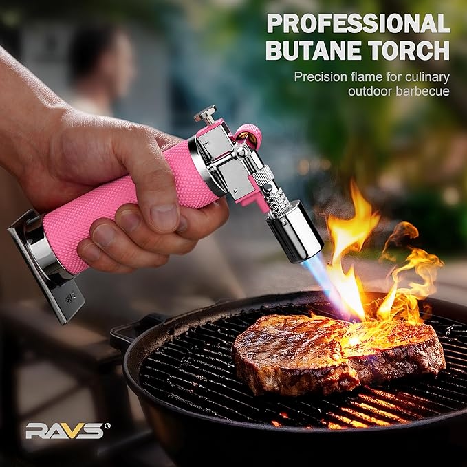 RAVS Butane Torch, Kitchen Torch Lighter for Creme Brulee with Adjustable Flame, Cooking Torch for Baking, BBQ, Desserts, Metal Mini Torch with Safety Buckle, Pink (Butane Not Included)