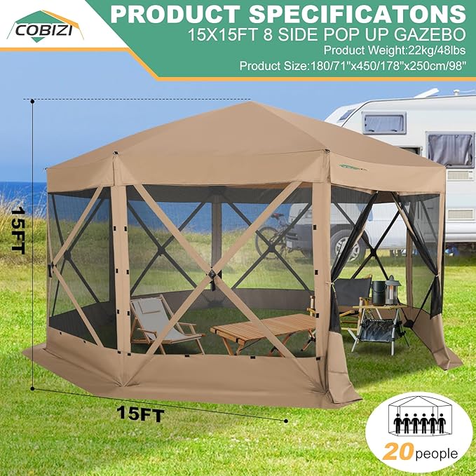COBIZI 15x15ft Extra Large Pop Up Gazebo Canopy Tent with Mosquito Netting, Spacious Easy Set Up Screened Shelter, Durable Outdoor Pavilion with Ground Stakes, Perfect for Patio, Backyard,Khaki