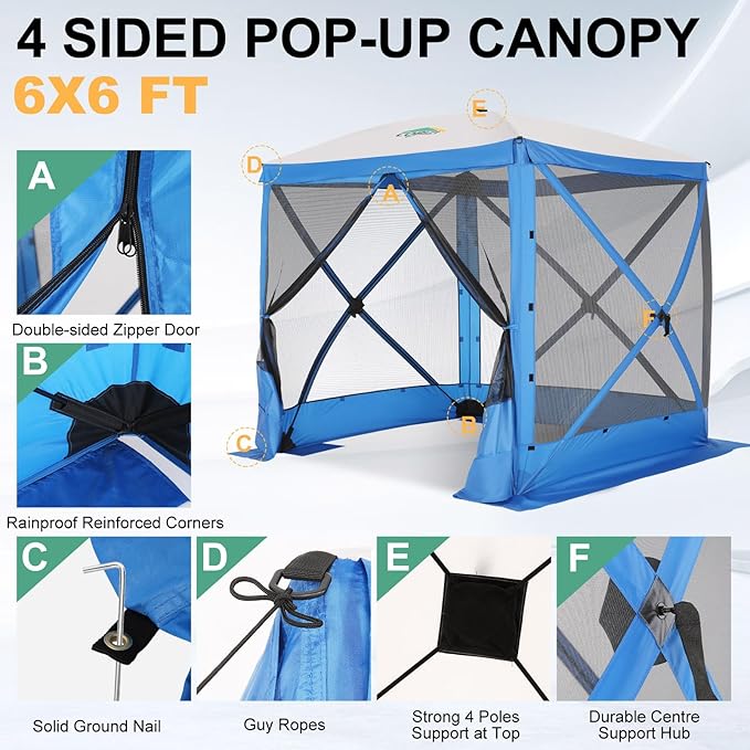 COBIZI 6x6 Pop up Gazebo Tent on Clearance, Ez up Waterproof Screen Tent Screen House with 3 sidewalls,Portable Outdoor Canopy with Carry Bag & Ground Stakes for Camping,Garden and Picnics, Blue