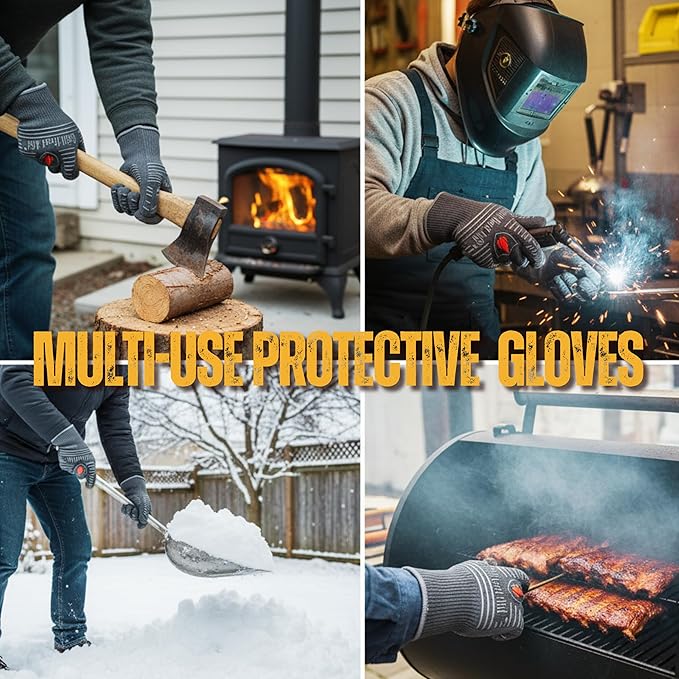 GRILL HEAT AID BBQ Grill Gloves Heat Proof for Grilling โ Fireproof 1472ยฐF Heat-Resistant Grill Mitts for Outdoor Barbecue and Smoker, Campfire, Fire Pit, Oven Glove with Fingers for Baking Pizza