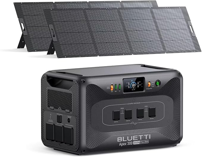 BLUETTI Apex 300 Solar Generator (2025 New) with 2 350W Solar Panels, 2764.8Wh LFP Battery Backup with 6 3840W AC Outlets (7680W Surge), 120V/240V Dual Voltage, Ideal for Camping and Off-Grid Living