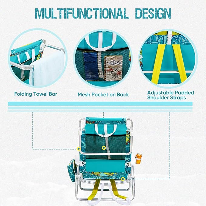 Reclining Beach Chair Backpack 5-Position Lay Flat Lounge Chair for Adults Heavy Duty Portable Folding Lightweight with Cooler Bag Camping Chair for Sand Outdoor