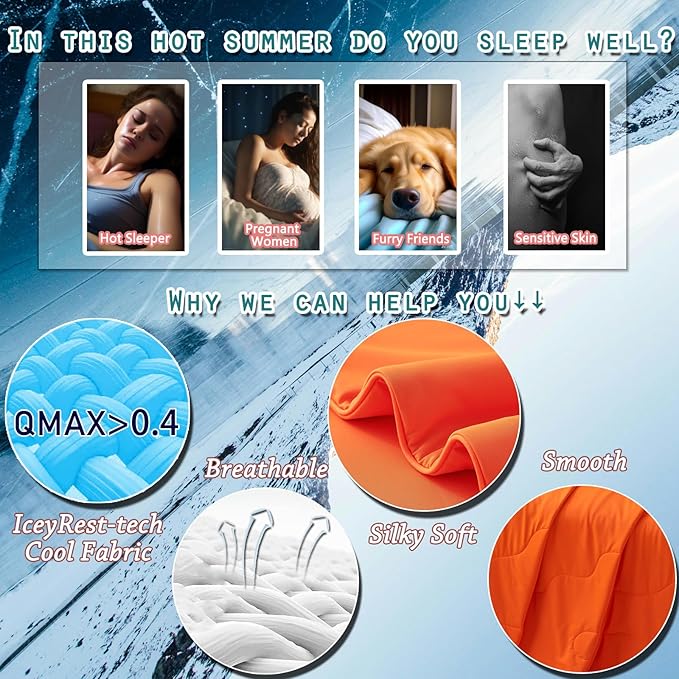 MorroMorn Cooling Comforter for Hot Sleepers & Night Sweats - IceyRest Cold Touch Technology, Lightweight Summer Blanket Breathable Silk Smooth (Orange, Full Queen Size 90"x90")
