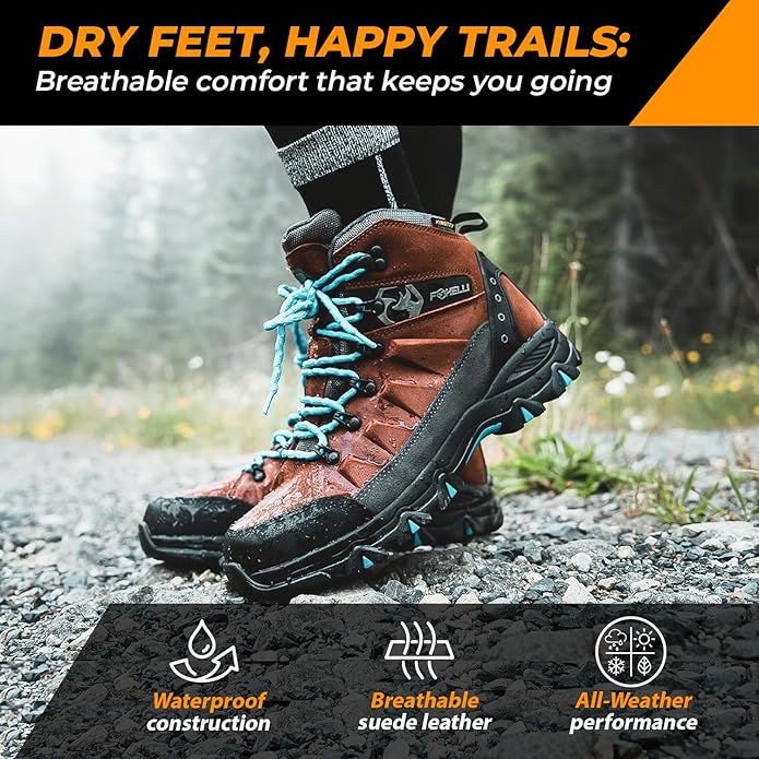 Foxelli Women’s Hiking Boots - Waterproof Lightweight & Breathable Suede Leather