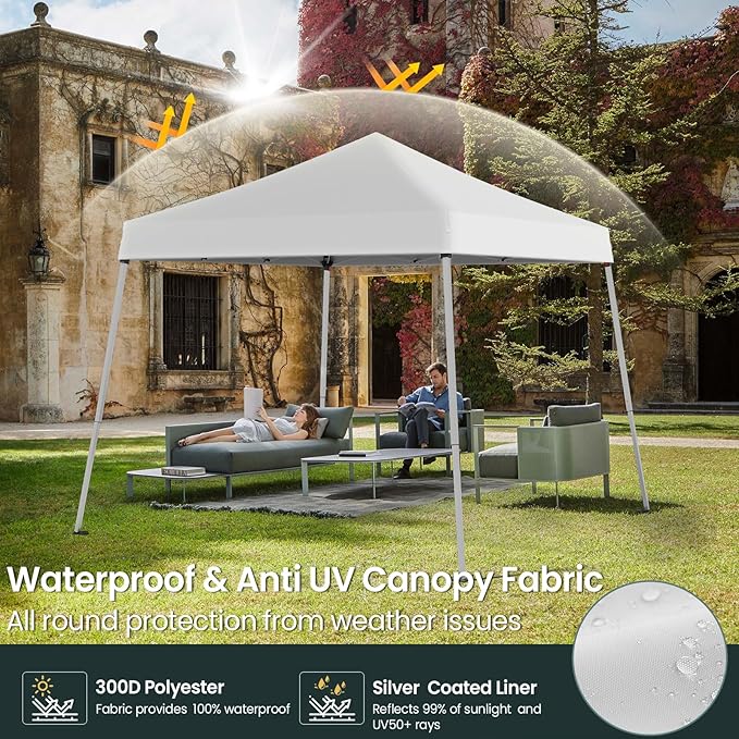 10x10 Pop Up Canopy, 300D Silver Coated White Fabric Outdoor Gazebo, Beach Tent Slant Legs with Storage Bag,Easy Up Sun Shade Shelter Tents with 8x8 Top Cover for Patio,Party