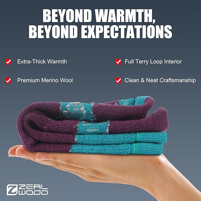 ZEAL WOOD Merino Wool Crew Hiking Socks for Women And Men with Full Cushion Moisture Wicking Walking Work Boot Socks