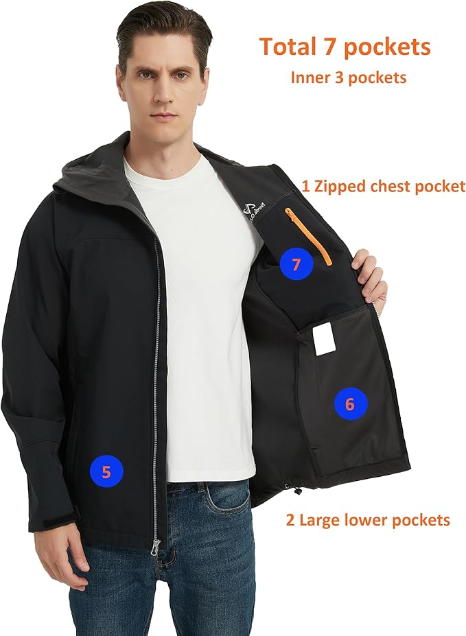 Men's Waterproof Softshell Rain Jacket, Hooded Windbreaker 7 Pockets, Lightweight Shell for Outdoor Activities