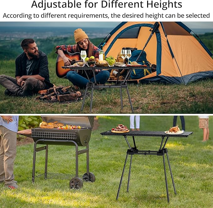 3ft Folding Camping Table, 4 Adjustable Heights Tall Aluminum Roll Up Camping Table with Carrying Bag, Portable, Waterproof, for Picnic, Outdoor, Travel, Backyard, Beach, 35” X 16”, Black