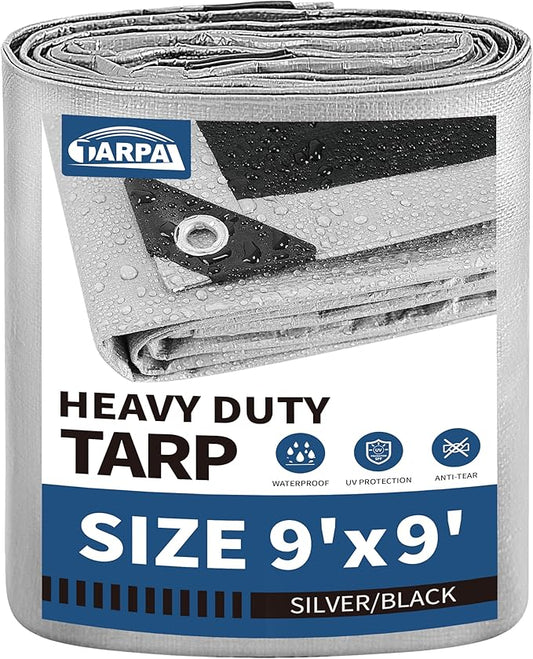 TARPAL 9x9 Feet Tarps Silver 10.5Mil Multipurpose Protective Cover Heavy Duty Tarp Waterproof,Snow or UV Protection,Durable Reinforced Edges