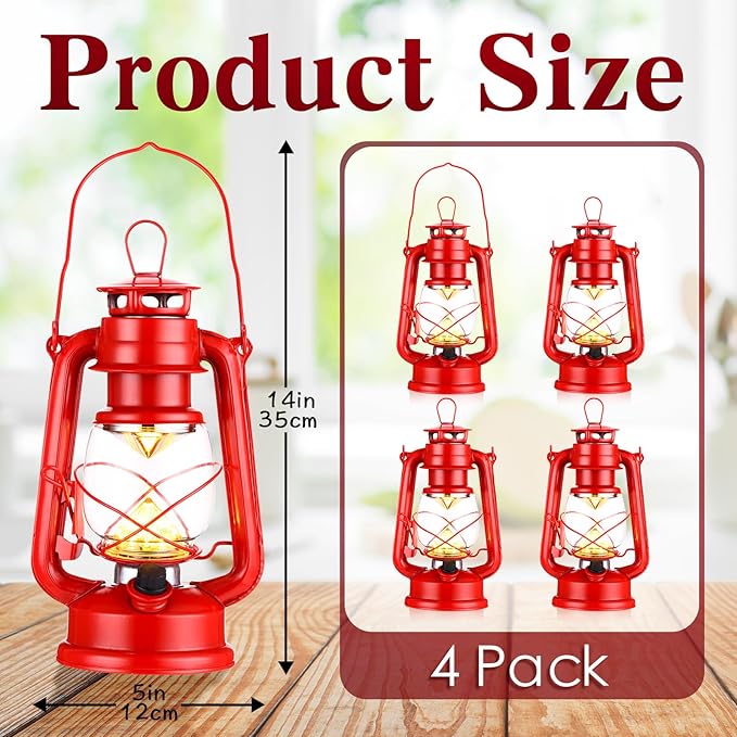 4 Pcs LED Vintage Lanterns Battery Operated Warm White Old Hurricane Lantern Antique Metal Hanging LED Lamp with Dimmer Switch for Indoor Table Outdoor Christmas Halloween(Red)